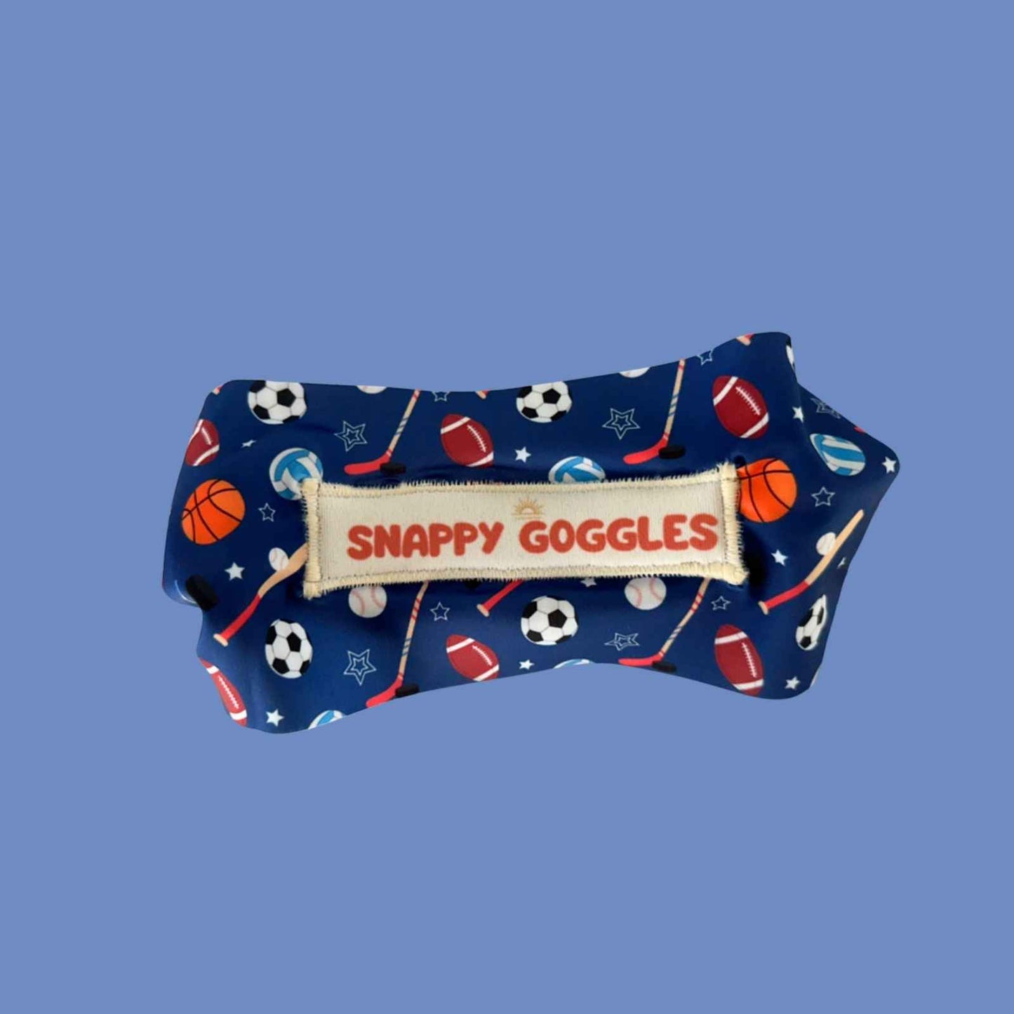 Navy blue fabric strap with sports-themed design and 'Snappy Goggles' floatable swim goggles.