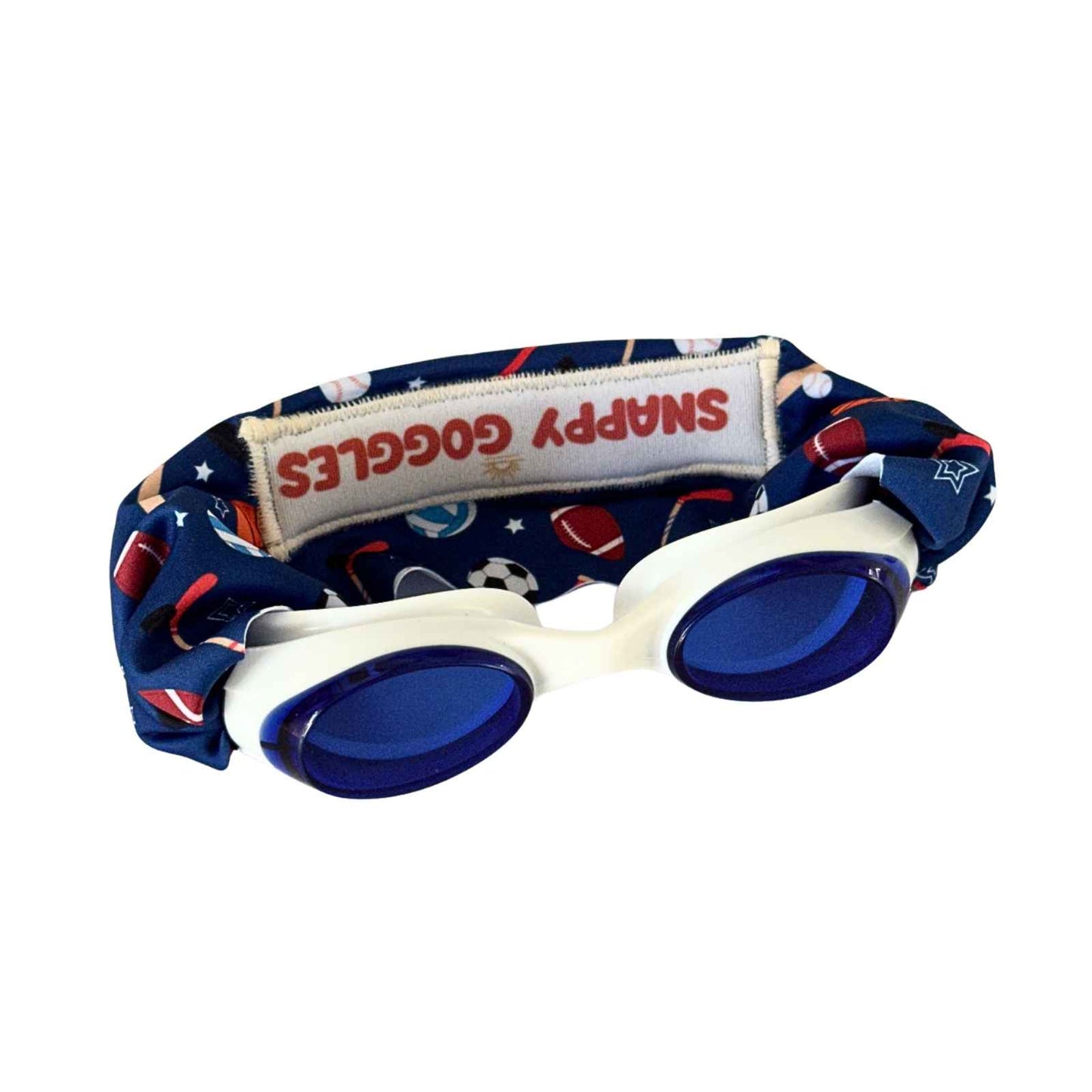 blue all sports kids swim goggles with fabric strap, floatable design – Snappy Goggles