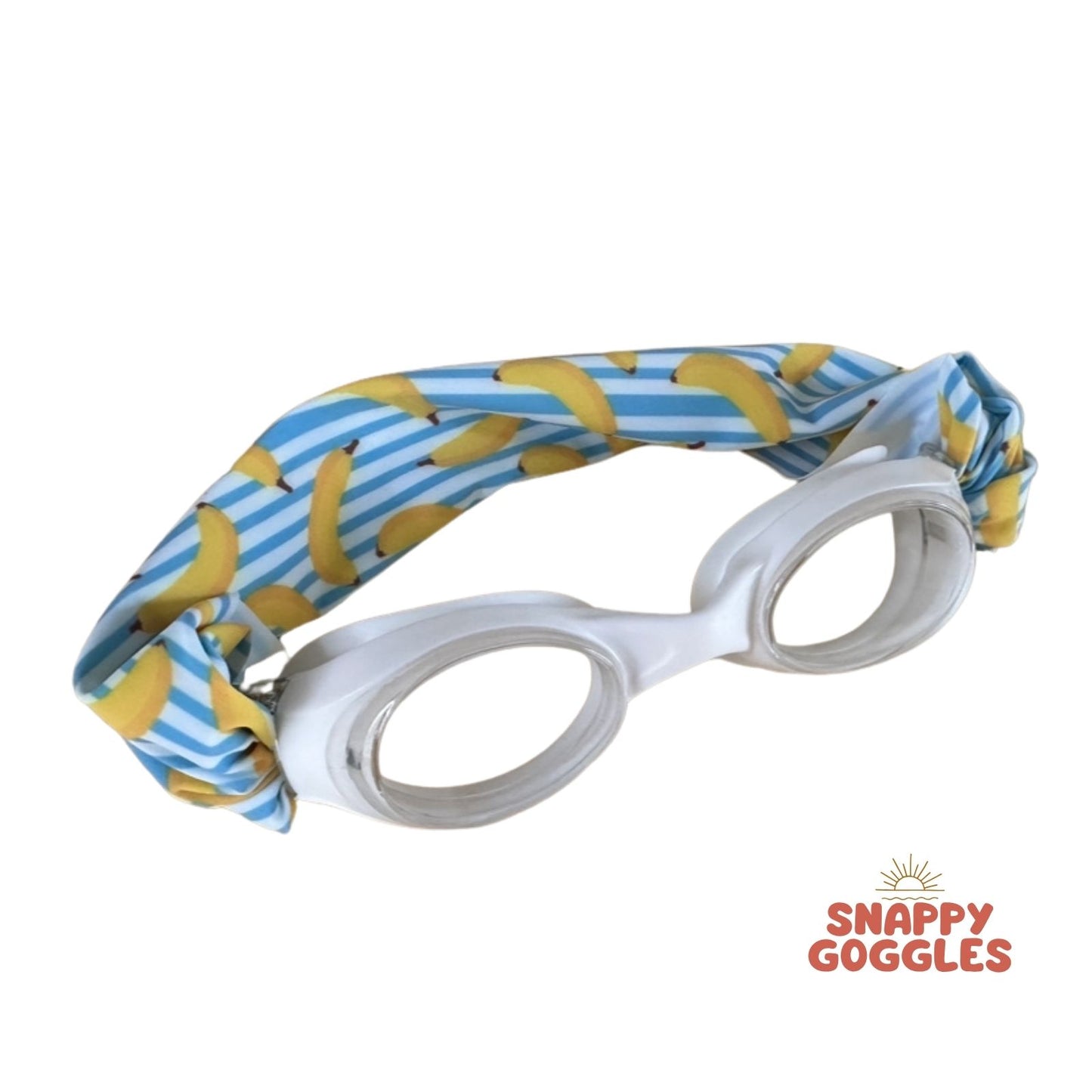 Blue Stripes and Yellow Bananas kids swim goggles with soft fabric adjustable strap, floatable swim goggles – Snappy Goggles