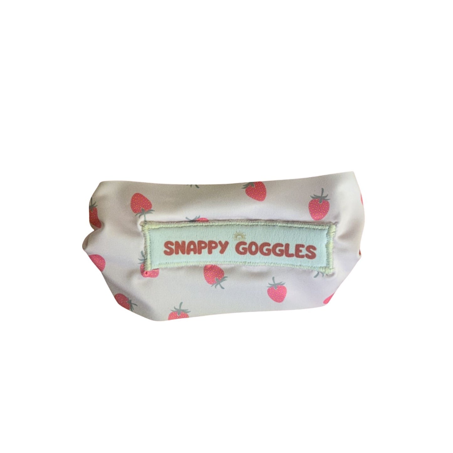back view of pink strawberry pattern kids swim goggles with adjustable, fabric strap – Snappy Goggles