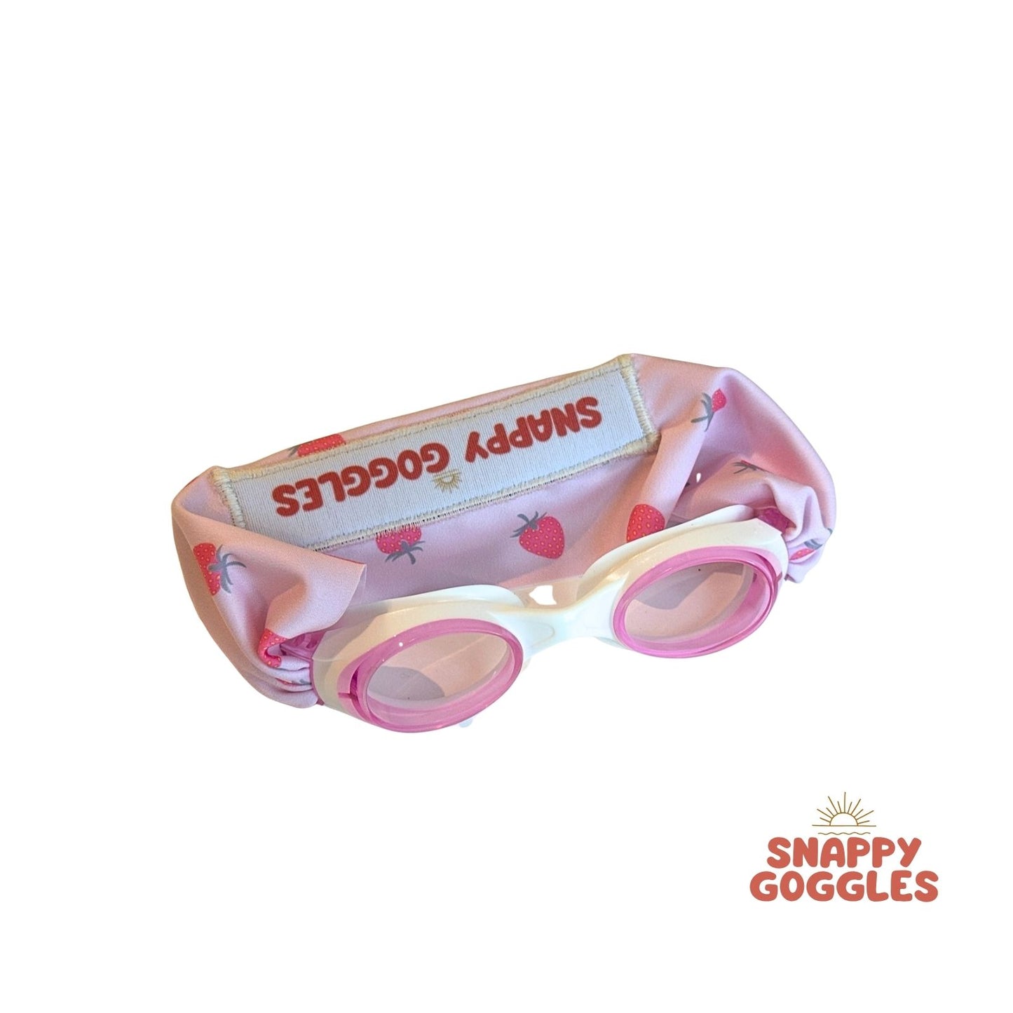 pink strawberry kids swim goggles with adjustable, fabric strap, floatable swim goggles – Snappy Goggles