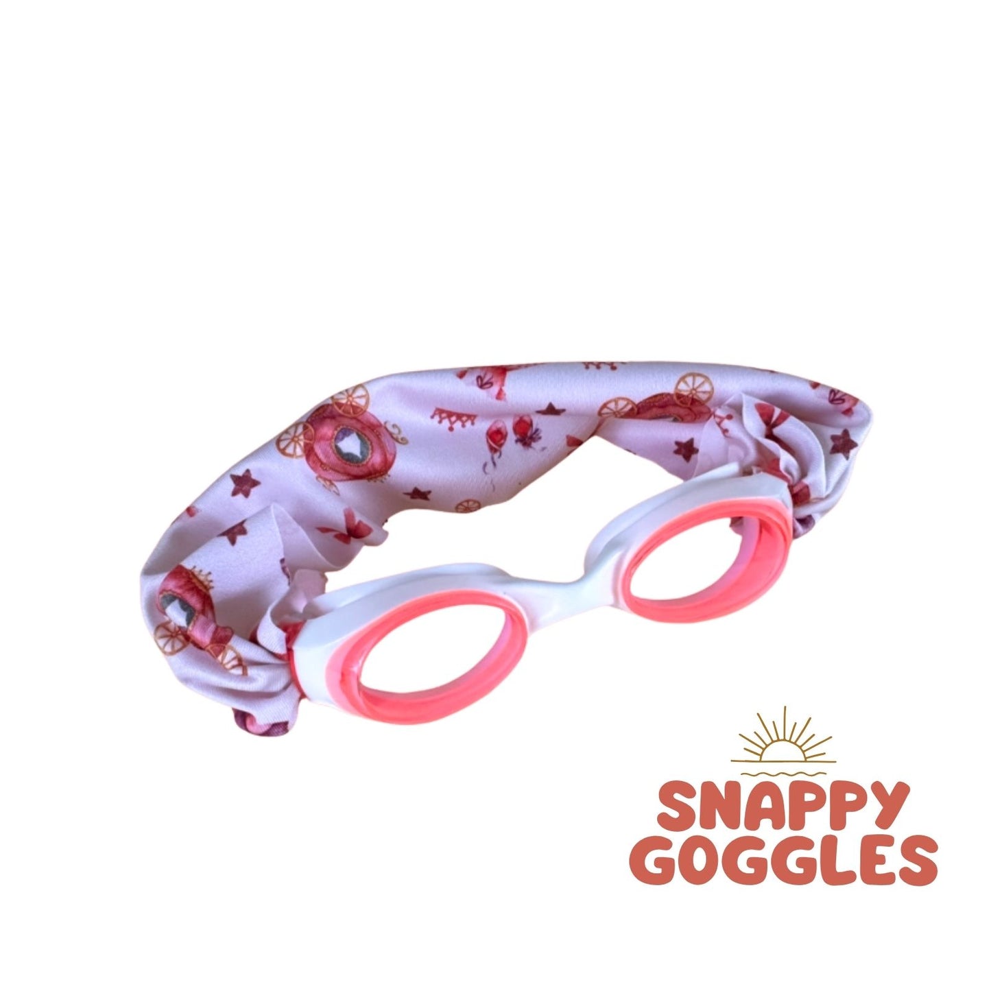 pink Pricess carriages and crowns kids swim goggles with soft fabric adjustable strap, floatable swim goggles – Snappy Goggles