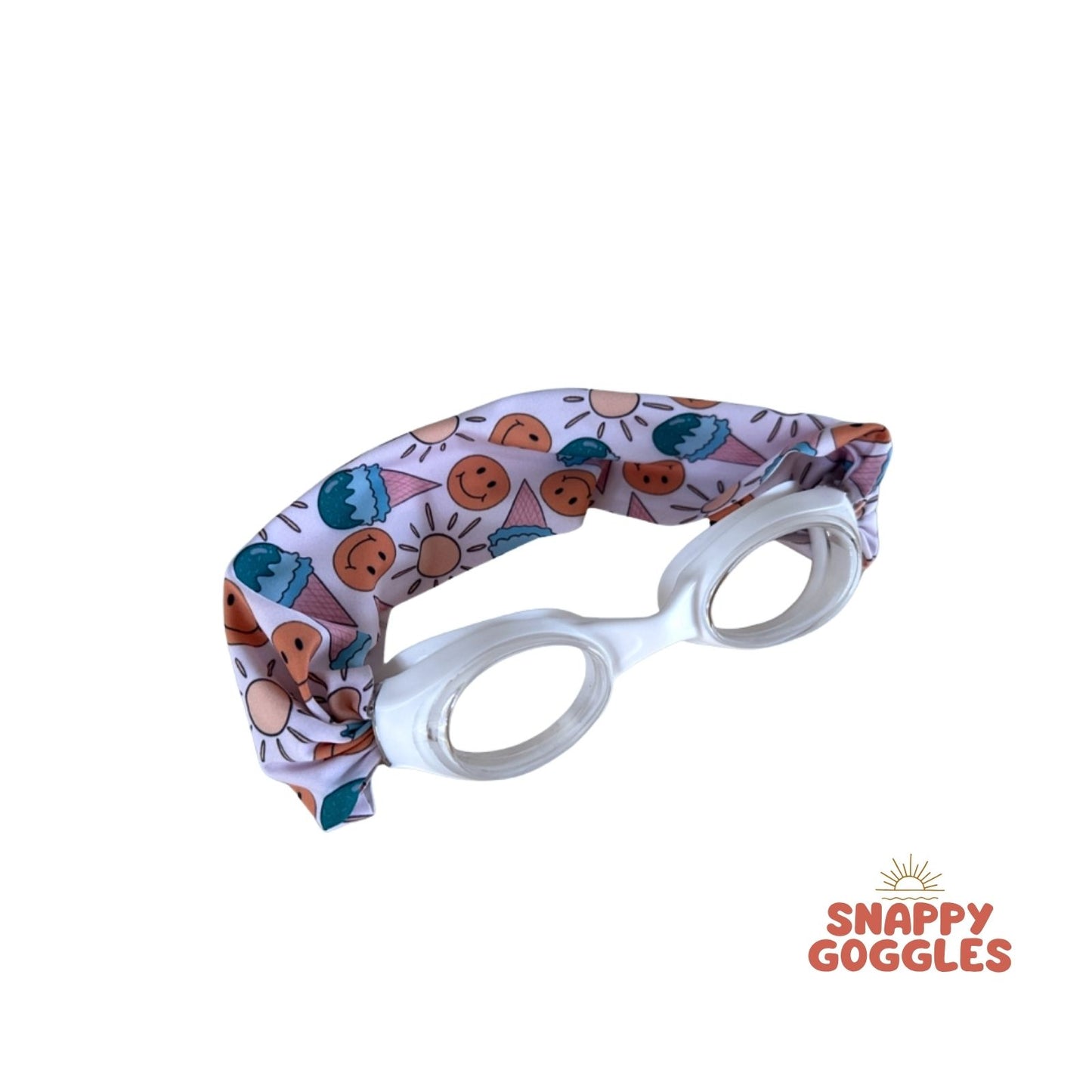 Blue and Yellow Sunshine, Smiley Face and Ice Cream Scoops kids swim goggles with soft fabric adjustable strap, floatable swim goggles – Snappy Goggles