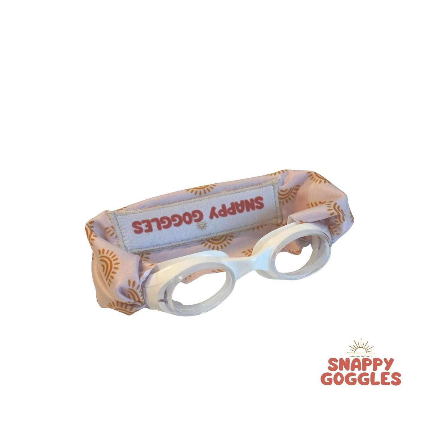 Cream and yellow sunshine fabric swim goggles - adjustable, tangle free doesn't pull hair - Snappy Goggles