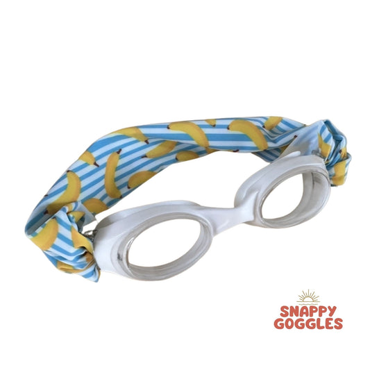 Blue Stripes and Yellow Bananas kids swim goggles with soft fabric adjustable strap, floatable swim goggles – Snappy Goggles