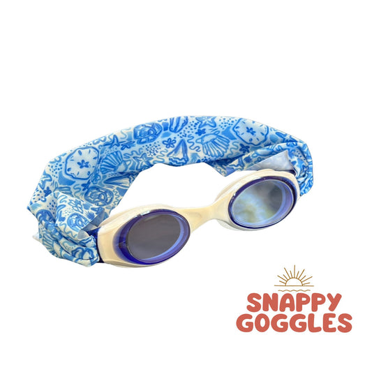 Blue Seashell Pattern kids swim goggles with soft fabric adjustable strap, floatable swim goggles – Snappy Goggles