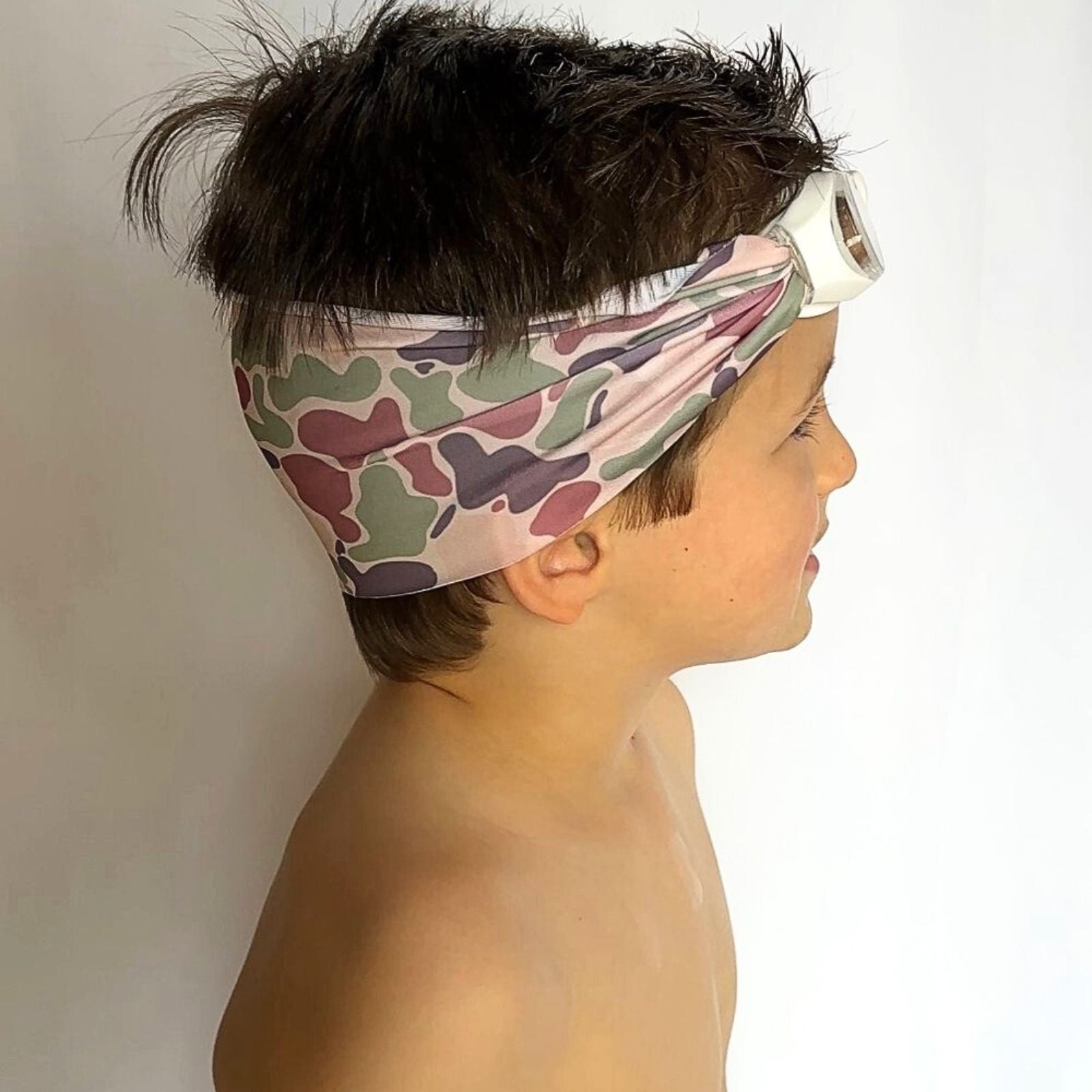 side view of green and brown camo kids swim goggles with adjustable fabric strap and floatable goggles – Snappy Goggles