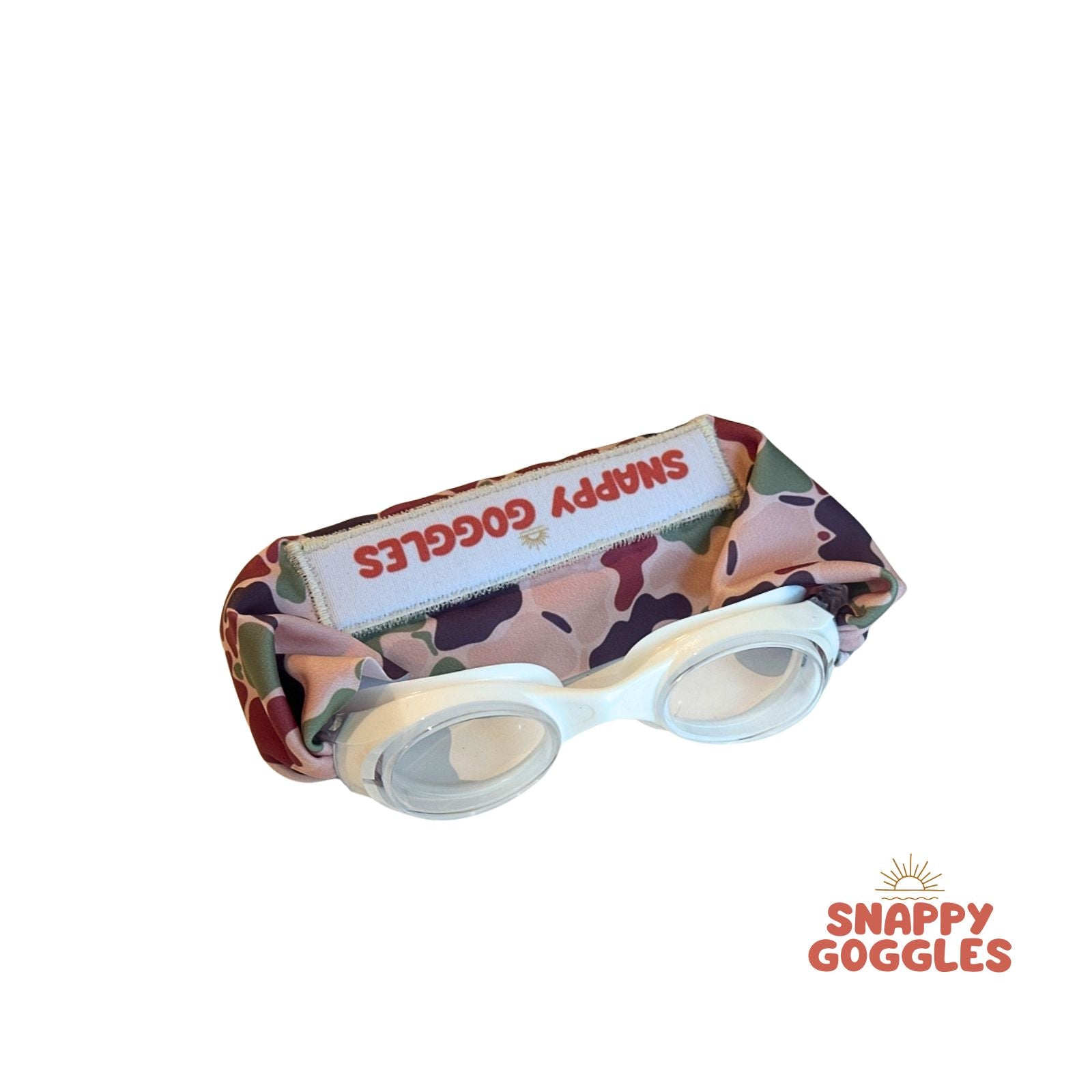 Camouflage fabric swim goggles with 'Snappy Goggles' branding 