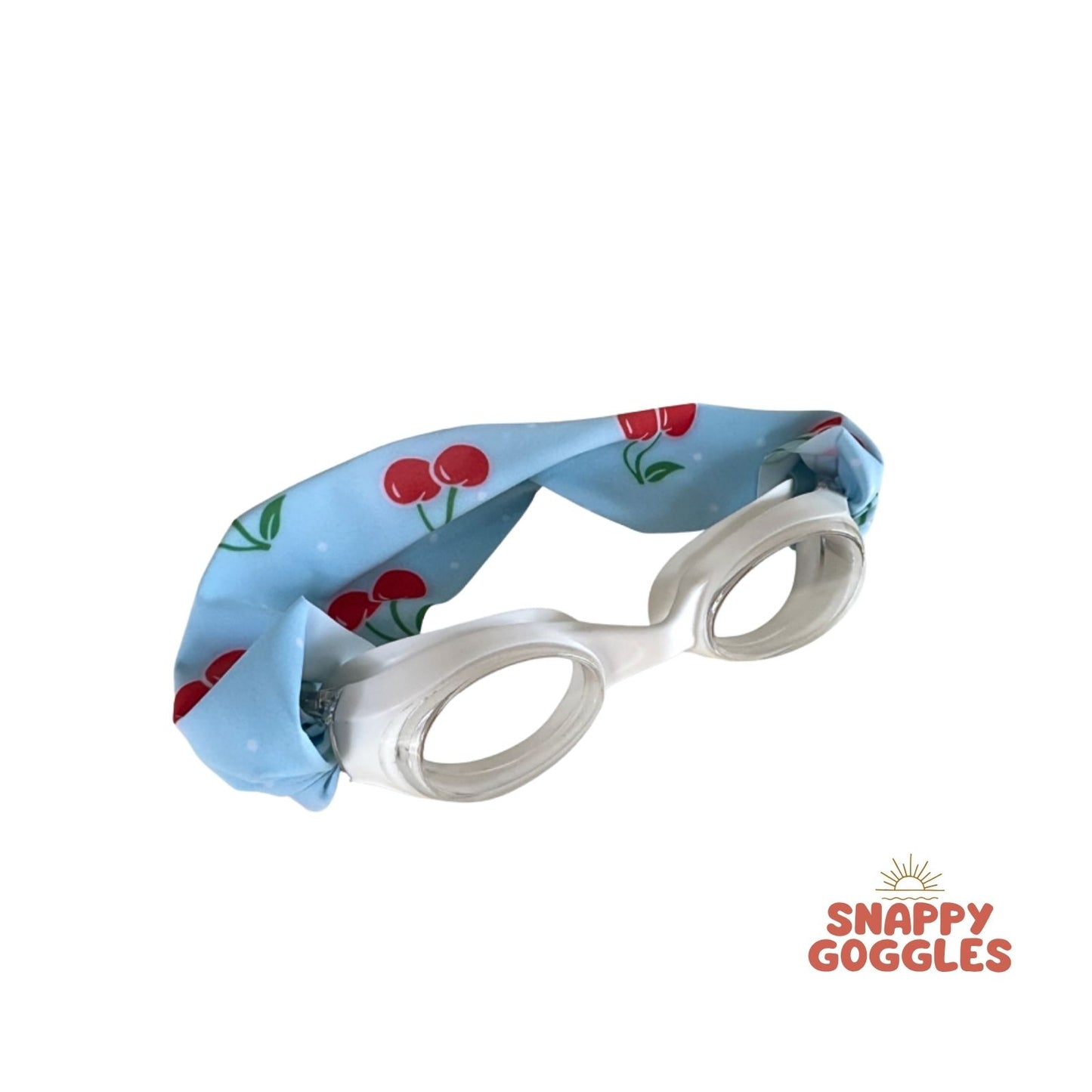 Blue and Red Cherry kids swim goggles with soft fabric adjustable strap, floatable swim goggles – Snappy Goggles