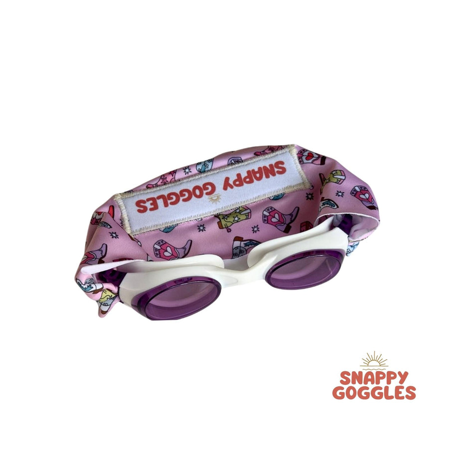 colorful pink and purple cowgirl boots kids swim goggles with soft fabric adjustable strap, floatable swim goggles – Snappy Goggles