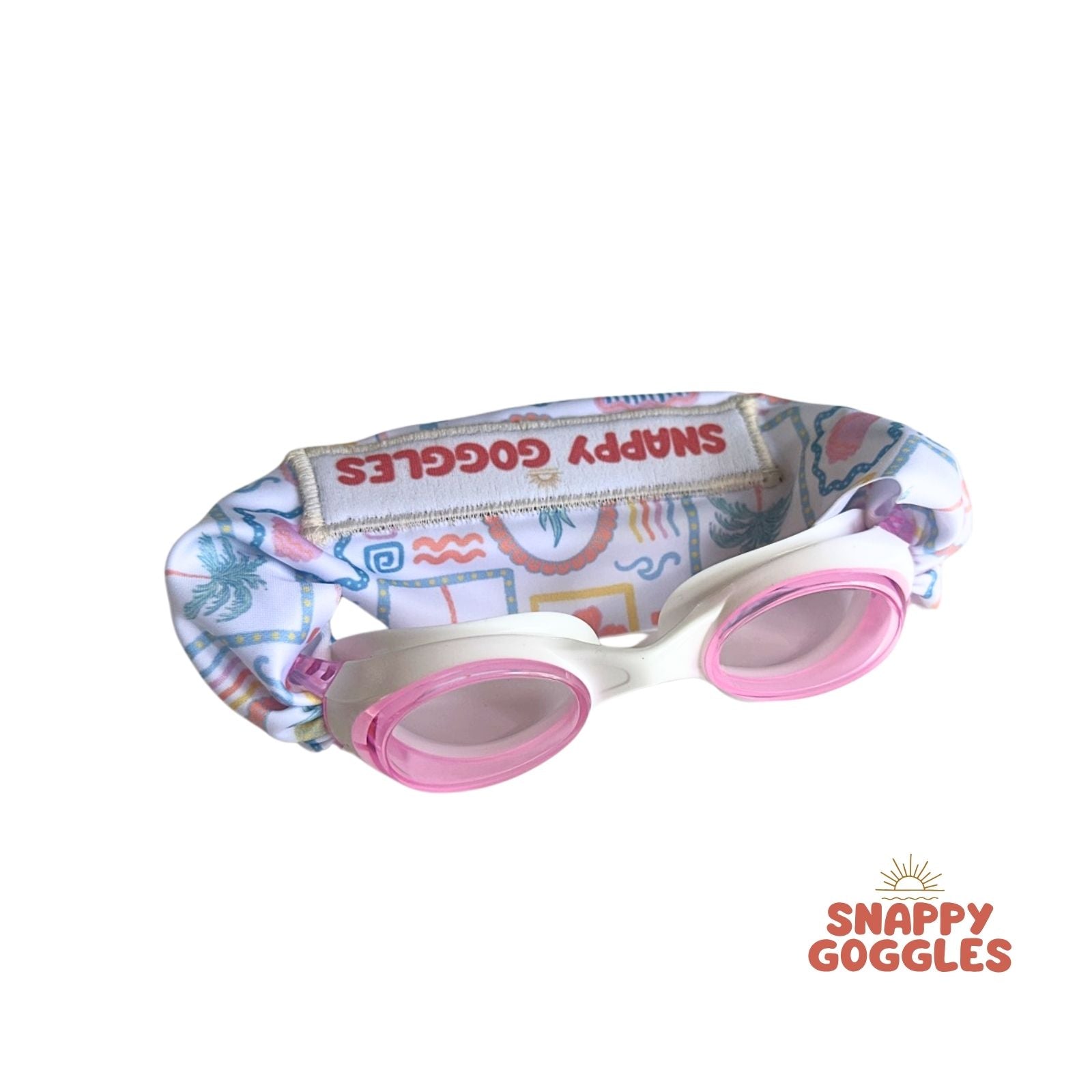 colorful pink and blue beach pattern  kids swim goggles with soft fabric adjustable strap, floatable swim goggles – Snappy Goggles