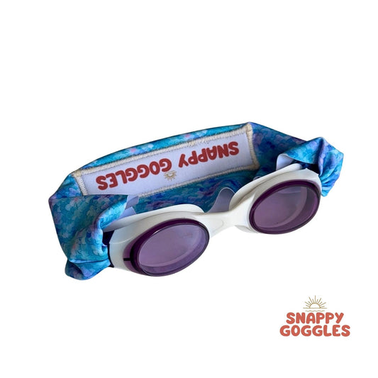 blue and purple mermaid pattern kids swim goggles with soft fabric adjustable strap, floatable swim goggles – Snappy Goggles