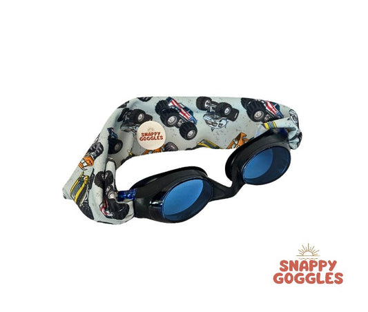 colorful Monster Trucks kids swim goggles with soft fabric adjustable strap, floatable swim goggles – Snappy Goggles