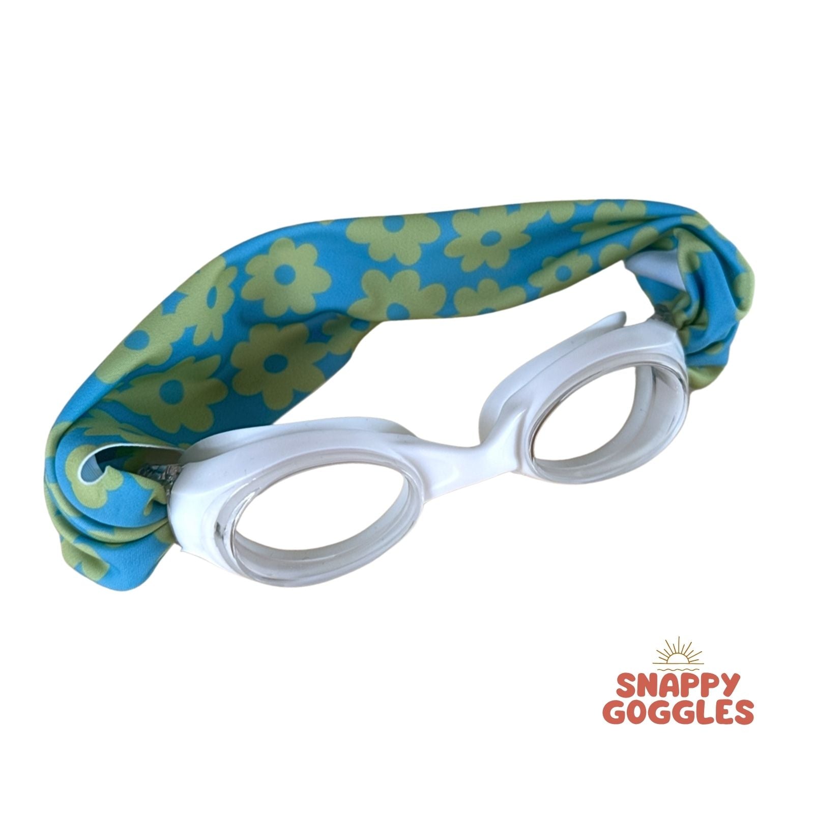 White swim goggles goggles with a blue and green floral fabric strap, floatable goggles - Snappy Goggles