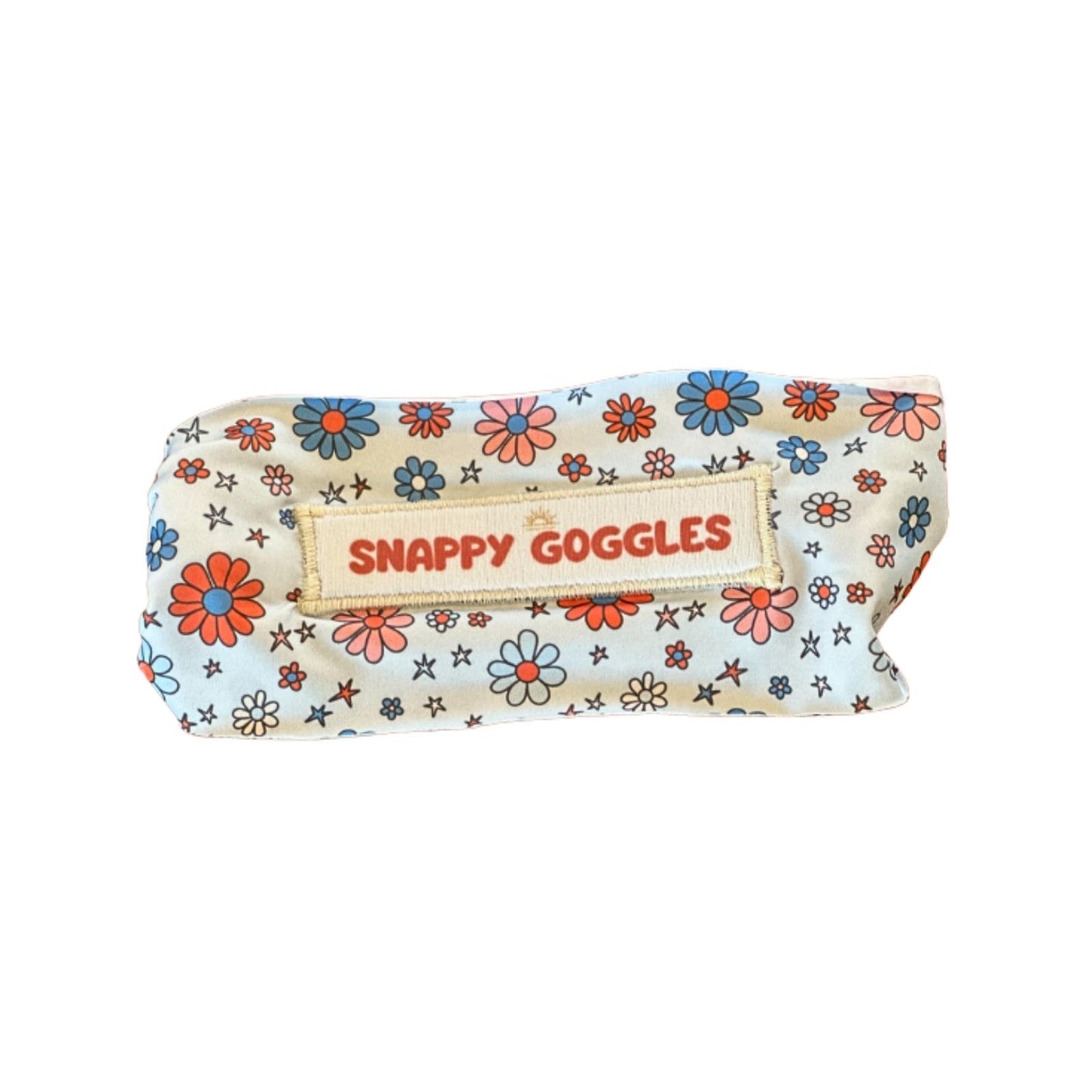 back view of patriotic red white and blue floral kid swim goggles with adjustable, fabric strap – Snappy Goggles
