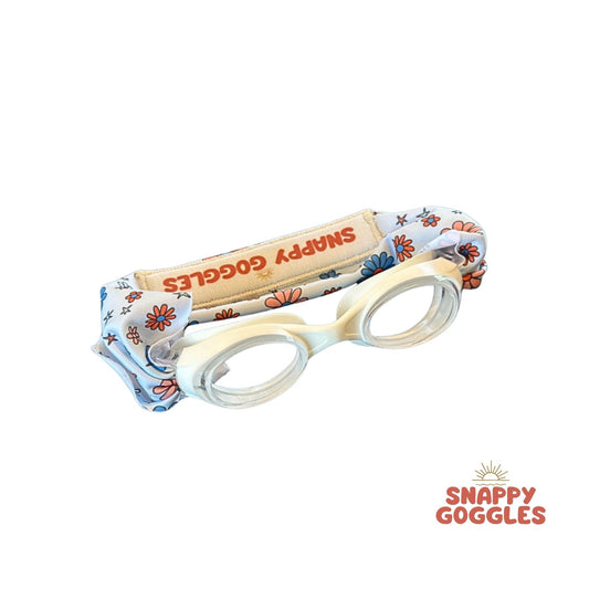 Patriotic Red White and Blue Flowers kids swim goggles with soft fabric adjustable strap, floatable swim goggles – Snappy Goggles