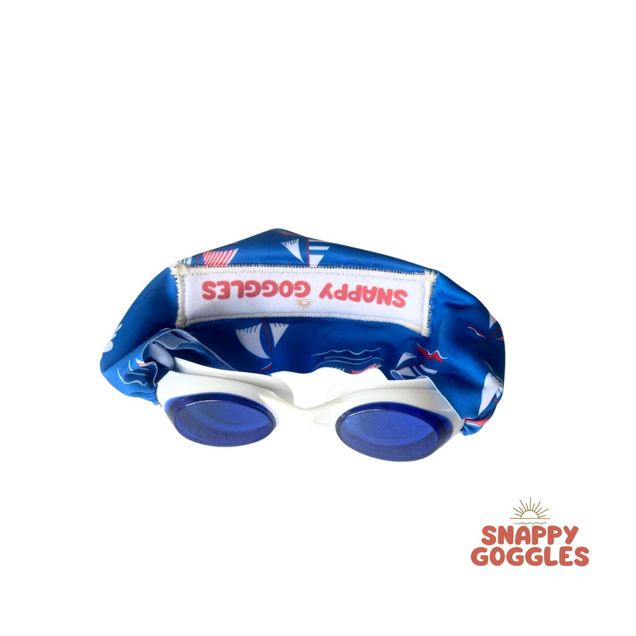 blue Sail With Me kids swim goggles with soft fabric adjustable strap and floatable swim goggles– Snappy Goggles