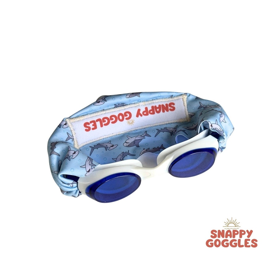 Children's swimming goggles with blue shark pattern fabric strap- adjustable, floatable swim goggles - Snappy Goggles