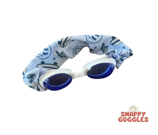 blue kids swim goggles skateboards and smiley faces, with soft fabric adjustable strap, floatable swim goggles – Snappy Goggles