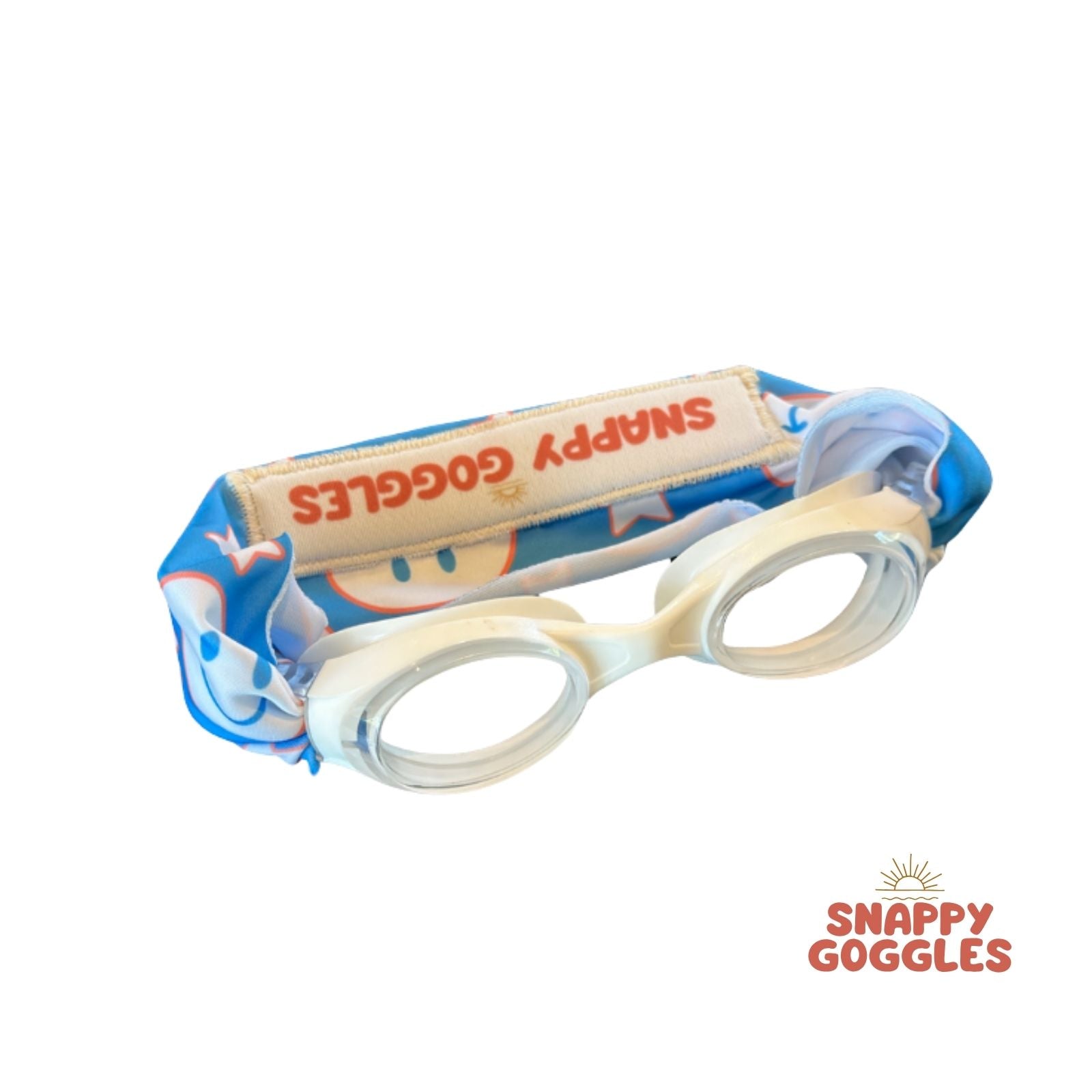 Patriotic Red White and Blue Smiley Faces and Stars kids swim goggles with soft fabric adjustable strap, floatable swim goggles – Snappy Goggles