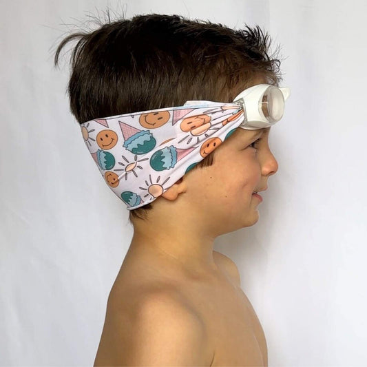 side view of orange smiley faces yellows suns and blue ice cream scoop kids swim goggles with adjustable fabric strap and floatable goggles – Snappy Goggles