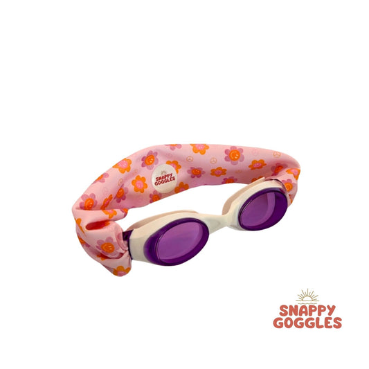 pink and purple peace signs and flowers kids swim goggles with soft fabric adjustable strap, floatable swim goggles – Snappy Goggles