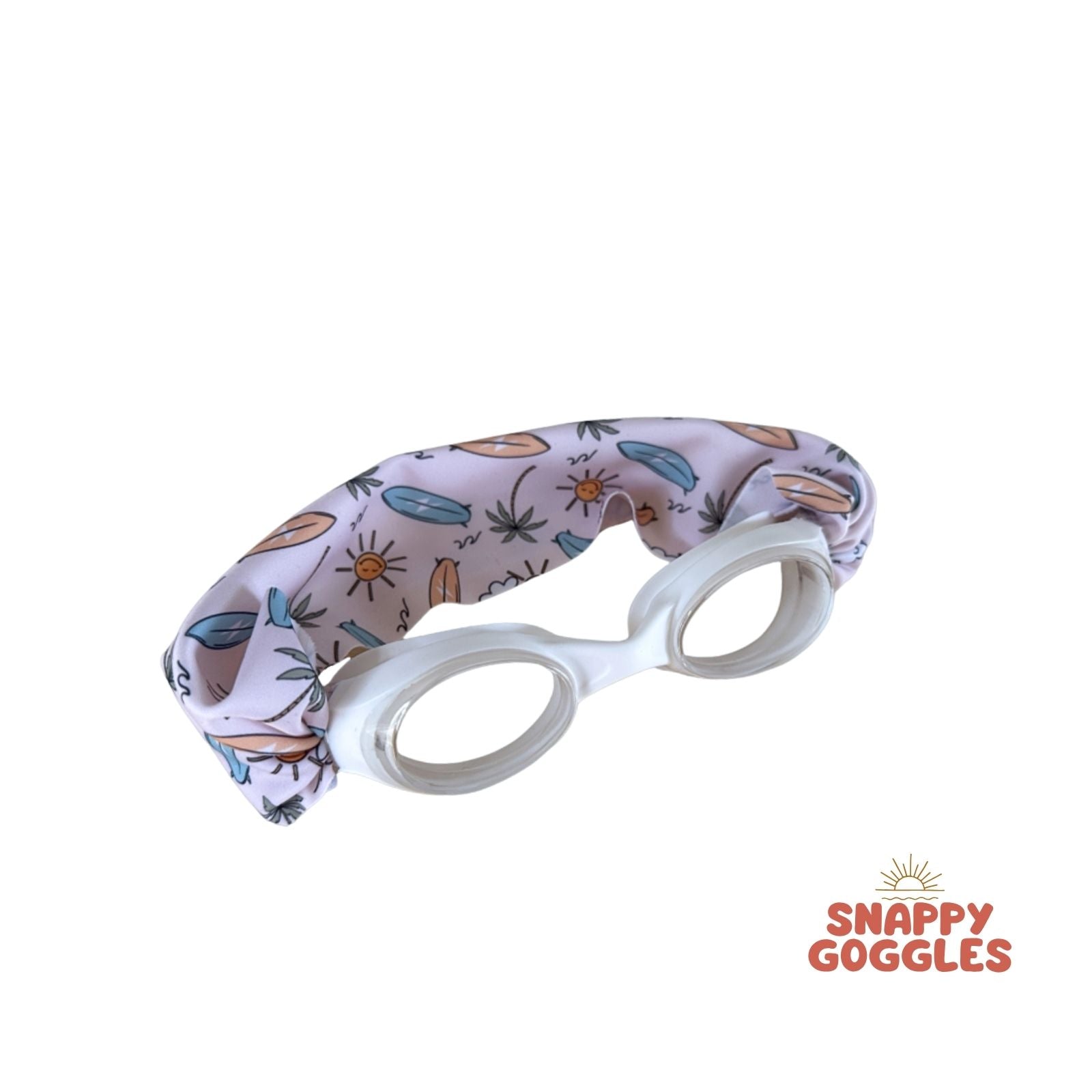 Baby Blue, Yellow, Palm Trees, Sunshine and Surf Boards kids swim goggles with soft fabric adjustable strap, floatable swim goggles – Snappy Goggles