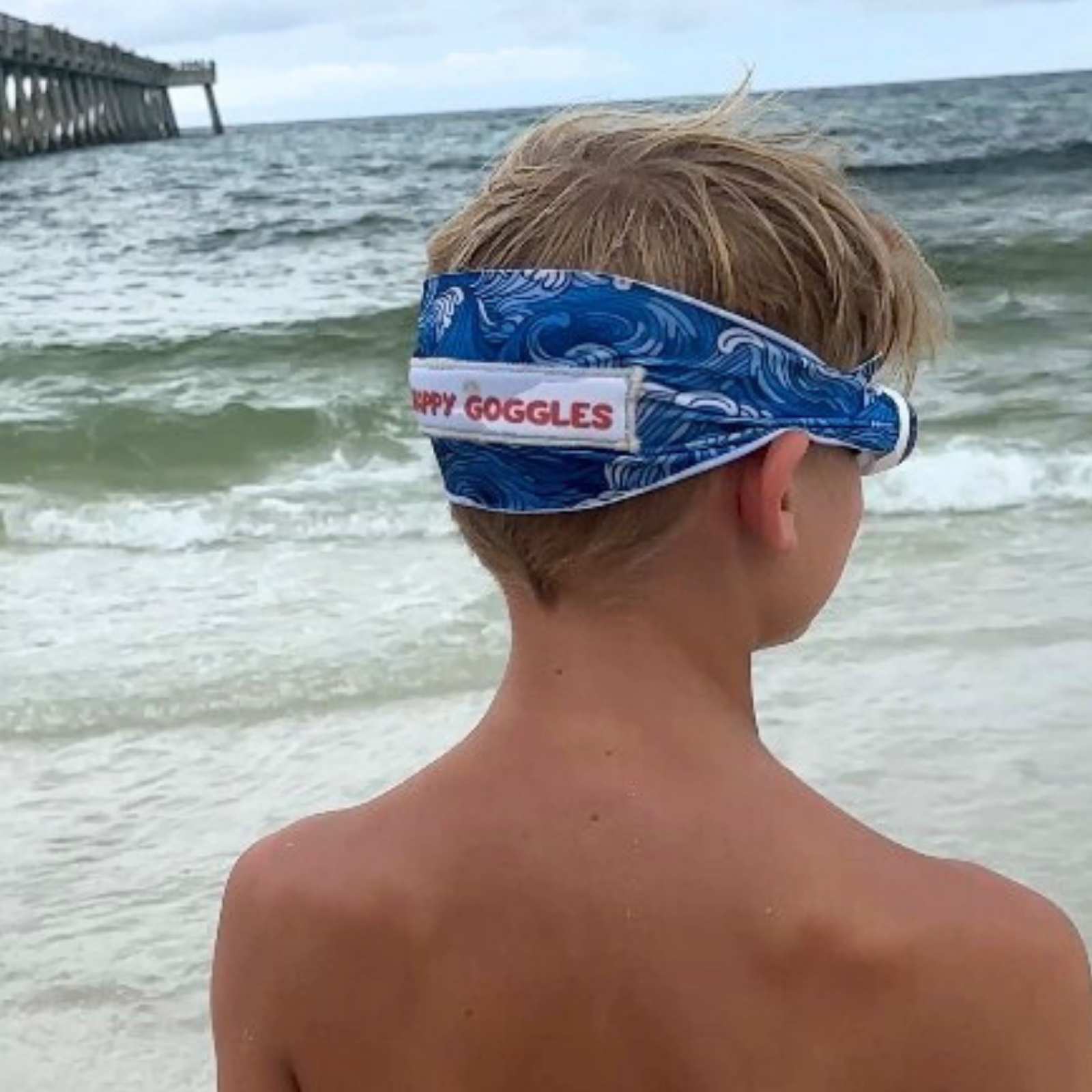blue tidal waves kids swim goggles side view with soft fabric strap goggles at the beach– Snappy Goggles