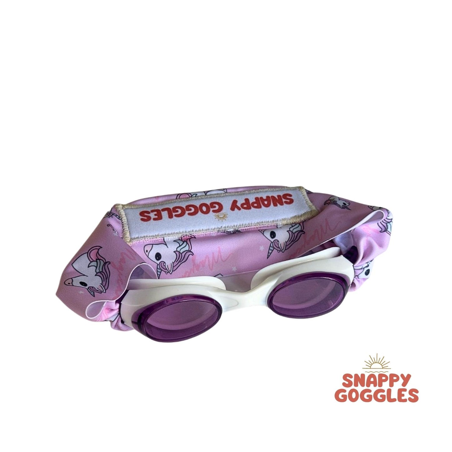 Pink and Purple Unicorns kids swim goggles with soft fabric adjustable strap, floatable swim goggles – Snappy Goggles