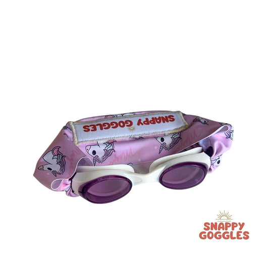 Pink and Purple Unicorns kids swim goggles with soft fabric adjustable strap, floatable swim goggles – Snappy Goggles